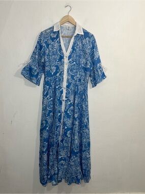 Theodora Handmade In Positano Italy Blue White Floral Shirt Maxi Dress Size XL
